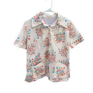Vintage Blouse 70s Retro Floral Cream Short‎ Sleeve Pocket Top